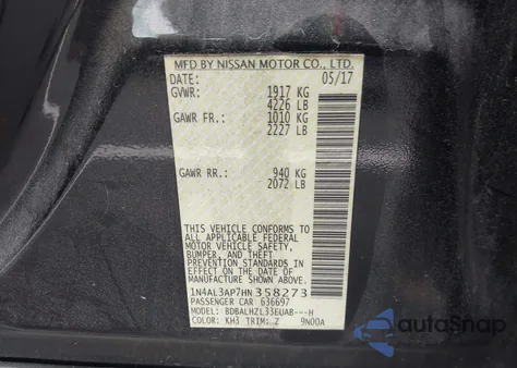 2017 Nissan Altima 2.5 Sr z USA, uszkodzony, nr VIN 1N4AL3AP7HN358273